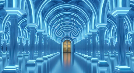 Discover your future through a luminous, ornate hallway leading to a golden door, promising endless possibilities and new beginnings.