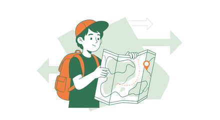 Cartoon Illustration of a Young Traveler Examining a Map for Direction and Adventure Route