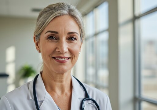 A kind and experienced senior doctor smiles confidently in a bright clinic setting.