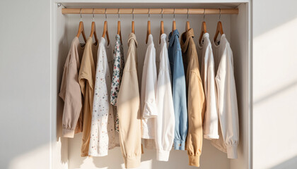 Hanging clothes in a modern wardrobe with neutral colors  