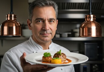 The smiling chef proudly presents his exquisite dish in the restaurant.