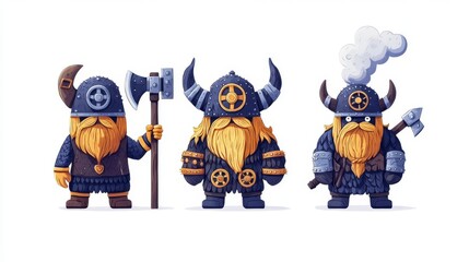 Three colorful Viking characters showcasing bravery and strength in a cartoon style.