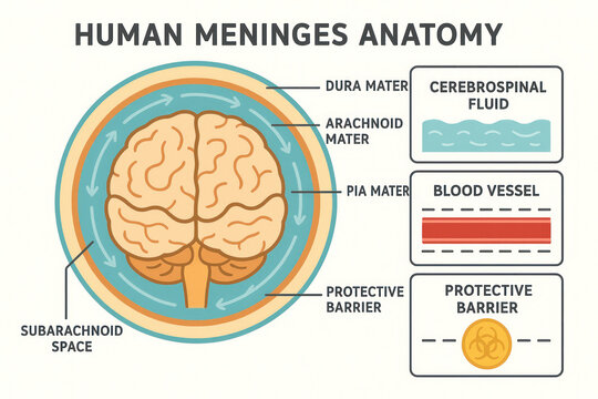Human Meninges Anatomy Illustration for Medical Education and Science, brain protection layers, cerebrospinal fluid [137 char]