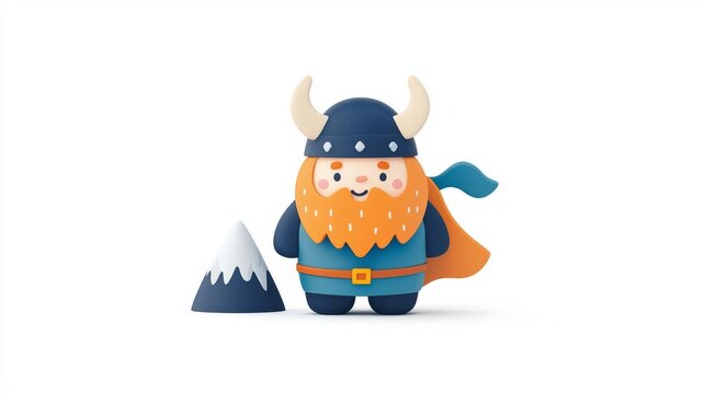 A playful cartoon Viking figure stands proudly beside a snowy mountain, showcasing adventure and fun.