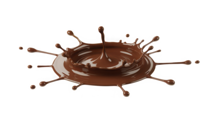High speed macro photograph captures chocolate syrup splash crown formation with vivid colored drops transparent background