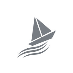 Simple Gray Paper Boat Sailing on Wavy Water.