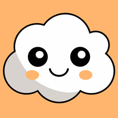 Fototapeta premium Cute cartoon cloud character with a smiling face, large expressive eyes, and soft rounded edges, set against a warm orange background, conveying a cheerful and whimsical atmosphere