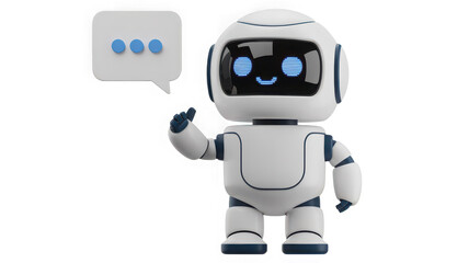 Fototapeta premium Friendly cartoon robot character with speech bubble and ai technology symbols on a clean background transparent background