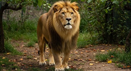 A powerful adult Asiatic lion (Panthera leo persica), a critically endangered species, stands alert on dirt and grass terrain with foliage background