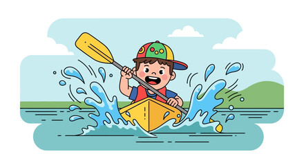 Cheerful Boy Kayaking on a Lake Under Blue Sky With Stunning Vibrant Colors