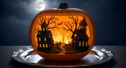 Spooky Halloween miniature scene with haunted houses and ghosts inside a glowing pumpkin under the moon