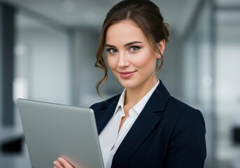 Smiling businesswoman in a suit holds a laptop, looking confident and ready for work.