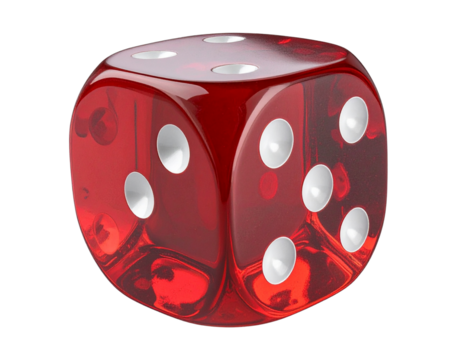 Single Red Transparent Dice with Glossy Reflection, 3D Perspective, Isolated (2)
