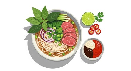Illustrated Vietnamese Pho Noodle Soup with Fresh Beef and Herbs on a White Background