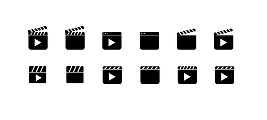 Clapperboard icon vector. Board clap for video clip scene start.  Film Slate with Play Button on white background.