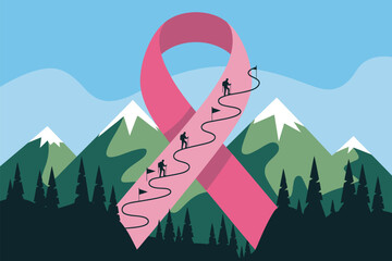 Pink ribbon with hikers climbing a mountain path against a backdrop of snowy peaks and green forests