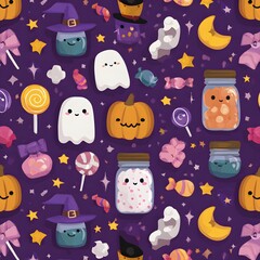 Adorable kawaii halloween pattern featuring ghosts pumpkins jars and candy on a purple background