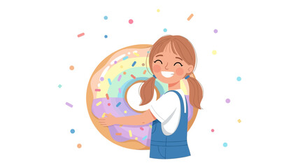 Cheerful Girl Hugging Colorful Donut, Smiling, Isolated on White Background, Vector Illustration