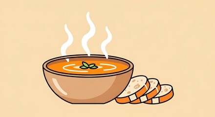 Hot Steaming Bowl of Orange Soup with Sliced Bread and Garnish Illustration