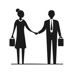 "Business Partnership Icon – Black Silhouette of Man and Woman in Formal Attire Shaking Hands, Each Holding a Briefcase – Stylized Vector Representing Professional Agreement, Collaboration, and Corpor