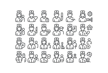 vector outline icons Nurse (Roles) nurse assist nurse care nurse triage nurse emergency nurse pediatric nurse surgical nurse icu nurse ward nurse charge nurse head nurse student nurse.