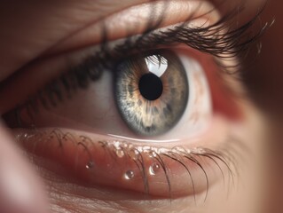 Naklejka premium Close-up of a Human Eye with Intricate Iris Patterns and Subtle Tear, Reflecting Light.