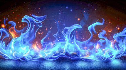 Obraz premium Mystical blue flames dancing over a reflective surface with a starry cosmic backdrop