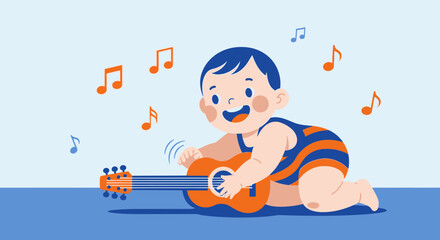 Cheerful Infant Playing Guitar: A Melody Of Joy And Early Musical Exploration