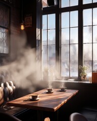 Cozy Cafe Ambiance - Steaming Coffee Cups on Rustic Table Bathed in Warm Sunlight.