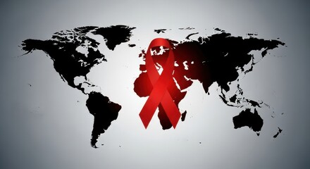 Global HIV Awareness Concept, Red Ribbon over World Map, Health Campaign Illustration, International AIDS Awareness, Medical and Social Cause Design