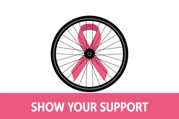Obraz premium A bicycle wheel with a pink ribbon symbolizing breast cancer awareness on a white background design art