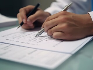 Diligent Hands Simultaneously Writing on Important Documents with Two Pens, Capturing Focused Administrative Task.