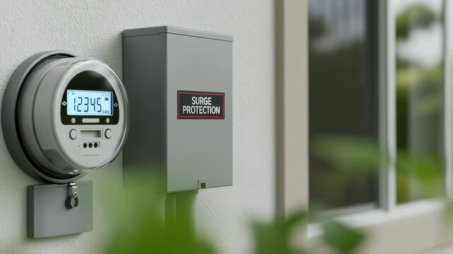 Focused shot of energy meter and new surge protection system mounted on home exterior to prevent electrical overvoltage.