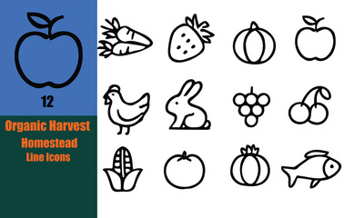 "Organic Harvest & Homestead Line Icons – 15 Stylized Black Vector Illustrations of Fruits, Vegetables, and Farm Animals – Including Apple, Carrot, Strawberry, Chicken, Rabbit, Corn, Fish, and More – 