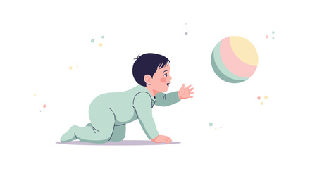Child Reaching For Pastel Ball While Crawling Creating A Moment Of Joy And Curiosity