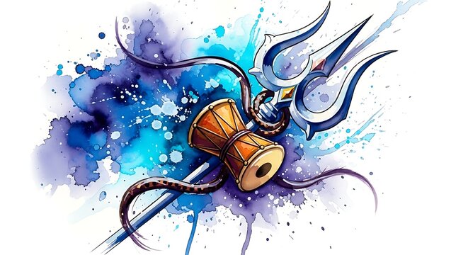 Trident and damaru drum with blue and purple watercolor splashes