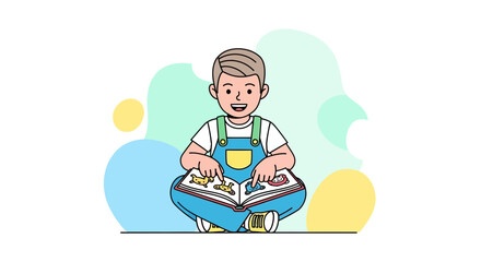 Child Reading Illustration: Whimsical Depiction of Young Boy Studying a Picture Book