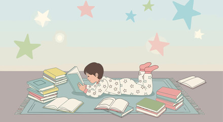 Child Reading in Pajamas Amidst Decorated Wall and Books: A Quiet Moment Displayed