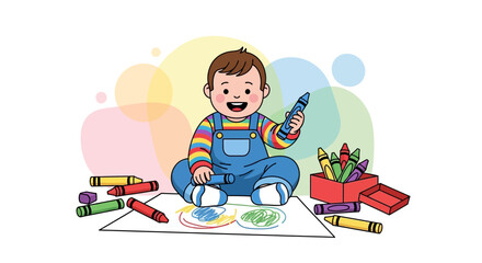 Cheerful Toddler Creating Colorful Art with Crayons on Paper in His Playtime Activity