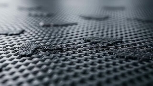 Closeup macro of woven carbon fiber patterns integrated with radarabsorbent materials during the naval mine composite layup process.