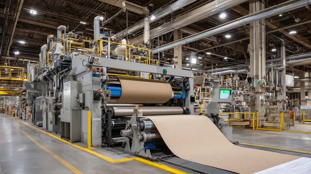 High-speed industrial paperboard production line with textured cardboard sheets, metallic pipes, and valves in a factory setting.