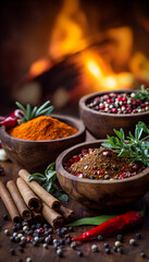 A vibrant rustic scene of assorted spices