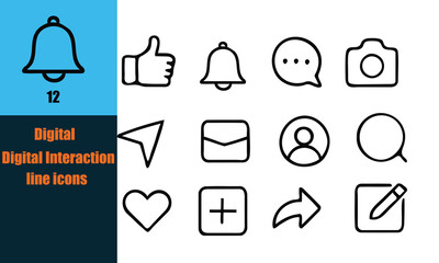 "Digital Interaction Line Icons – 12 Minimalist Black Vector Symbols for UI/UX Design – Including Notification, Like, Chat, Send, Email, Search, Profile, Favorite, Add, Share, and Edit – Ideal for App