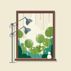 Minimalist Window View of Stylized Forest Illustration.