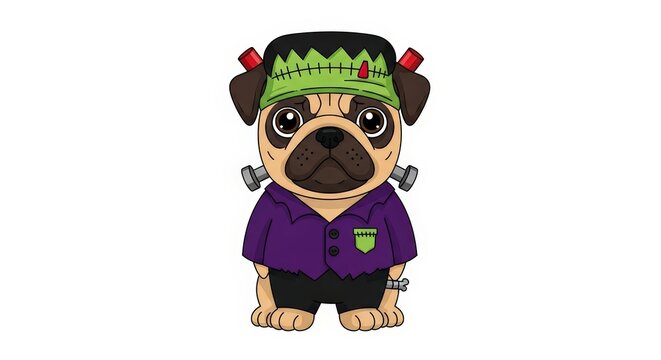 Cute Pug Dog in a Green and Purple Halloween Monster Costume on a White Background