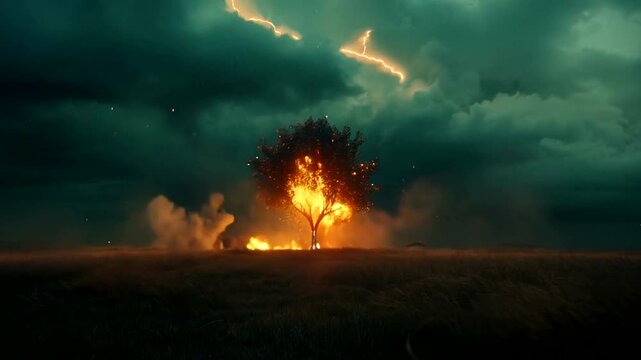 A lone tree ablaze with fiery sparks under a dramatic thunderstorm illuminates a vast field.