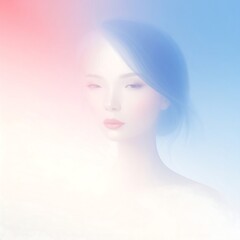 Obraz premium A delicate portrait of a serene woman, bathed in soft pastel hues of pink and blue, highlighting her ethereal beauty.