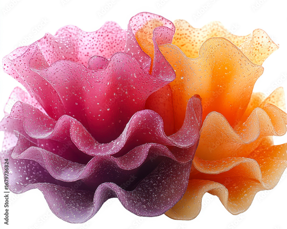 Poster hyperrealistic image of colorful frilled fabric with water droplets on white background