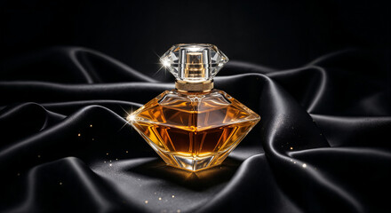 Golden luxury perfume bottle on black silk fabric with sparkling highlights and elegant design