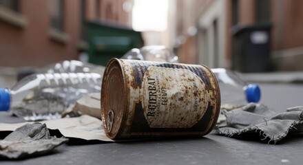 Rusty can and litter in urban alleyway with plastic bottles and fabric scraps